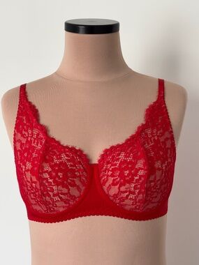 Vintage Style Bra Red Retro Floral Lace Mesh Satin Balconette Full Handmade 34 B